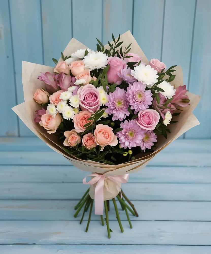 Букет цветов из: Хризантемы, Розы и Альстромерии в Зеленоградский Пушкинского района
