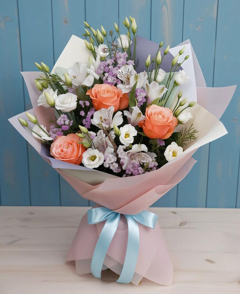 Букет цветов из: Лизиантусы, Розы, Альстромерии и Гипсофила в Зеленоградский Пушкинского района