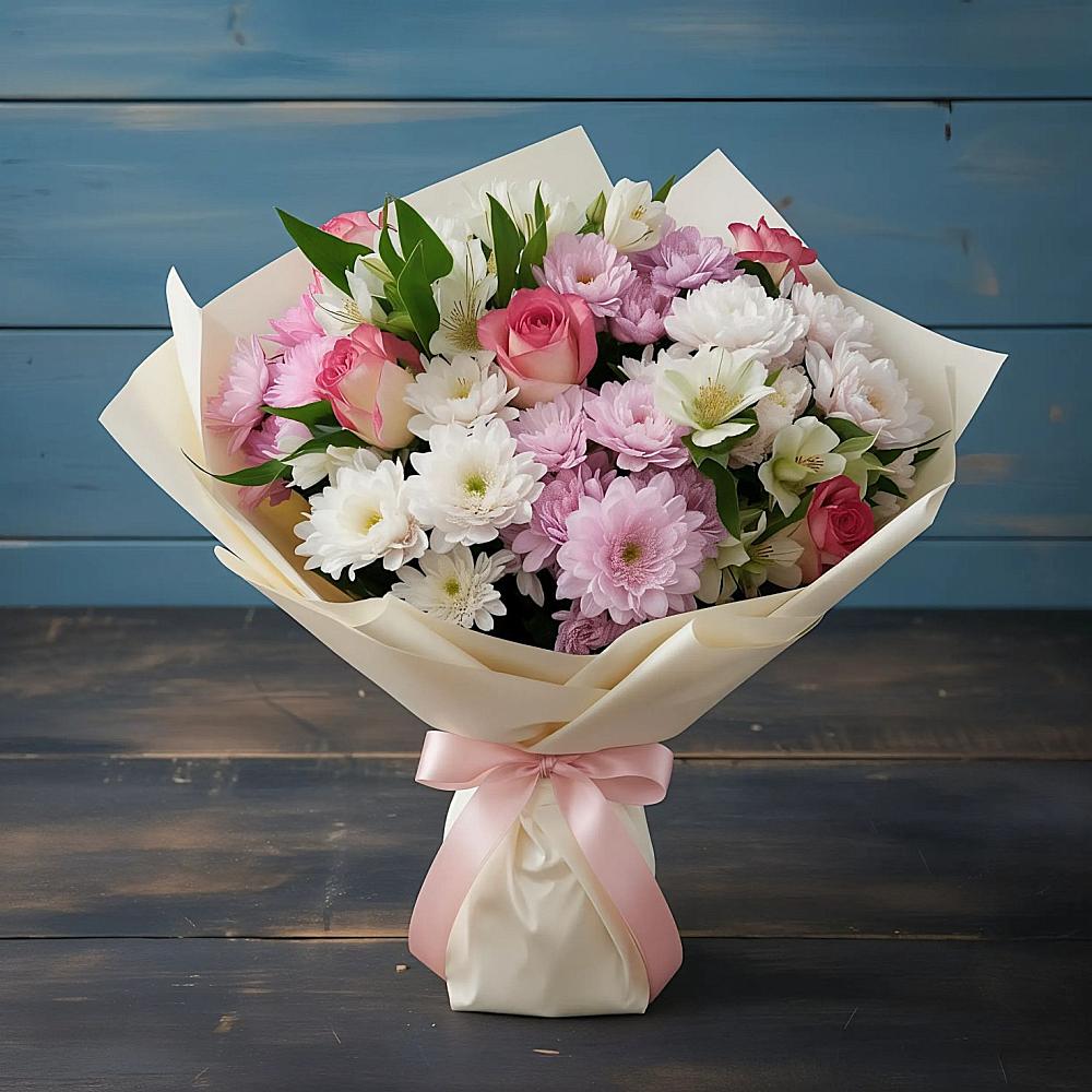 Букет цветов из: Хризантемы, Альстромерии и Розы в Зеленоградский Пушкинского района